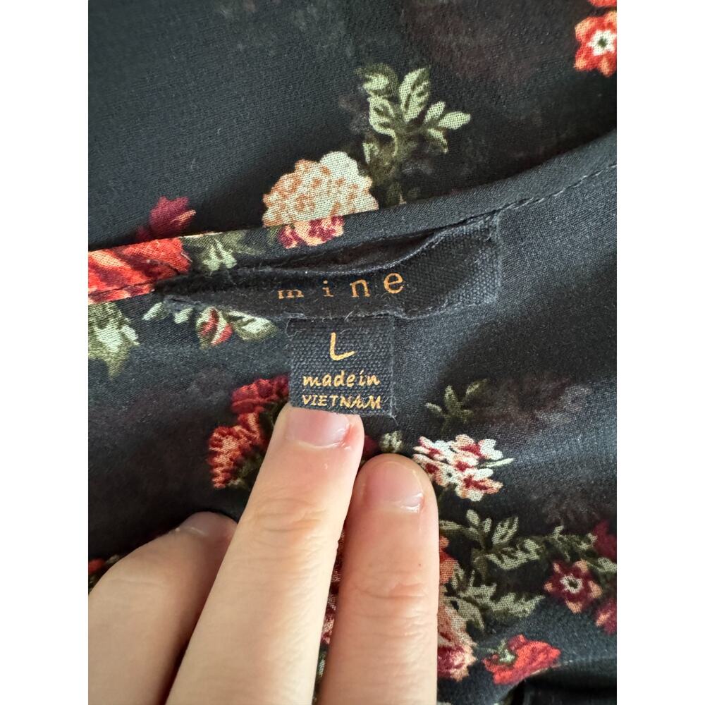 Mine Womens Large Black Floral Sheer 3/4‎ Length Sleeve Blouse - Picture 14 of 15